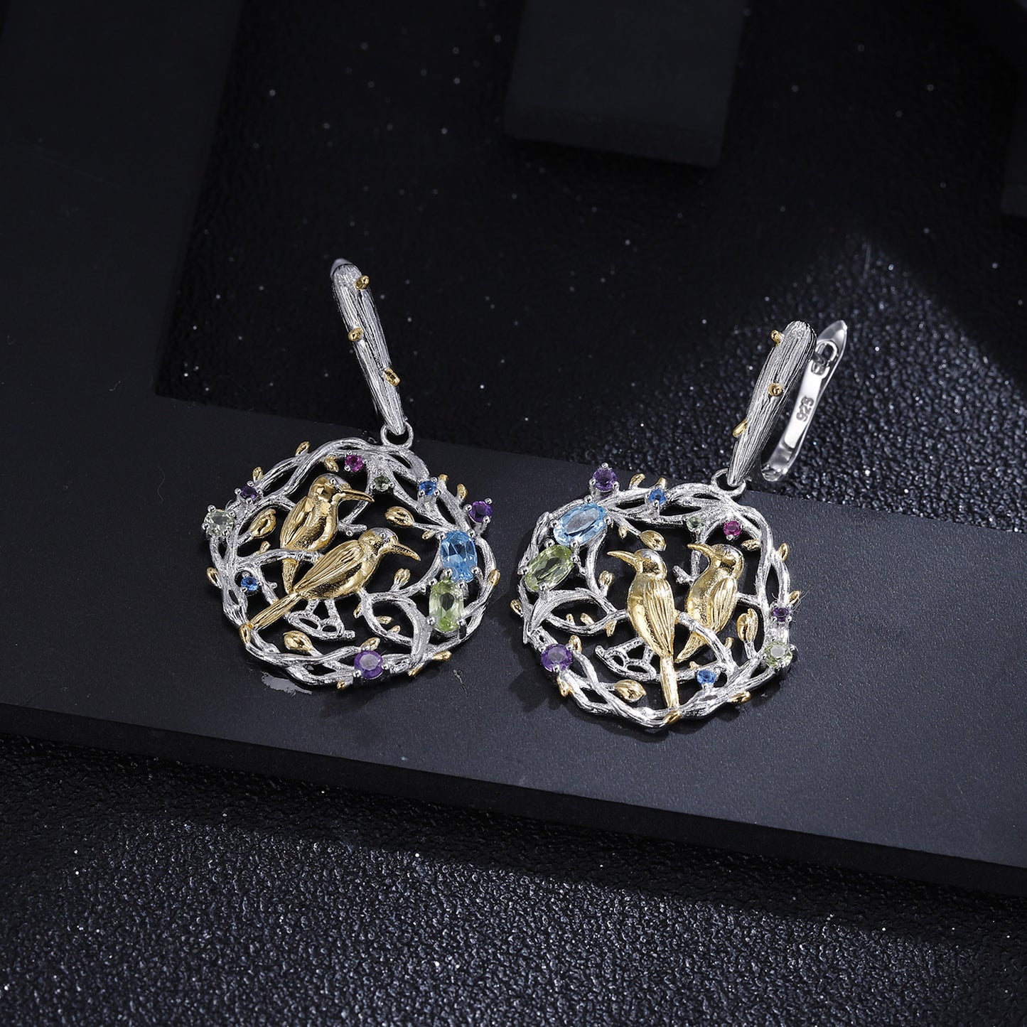 Designer Style High-End Personality Earrings Natural Style Little Bird Design925Silver Natural Gemstone Earrings