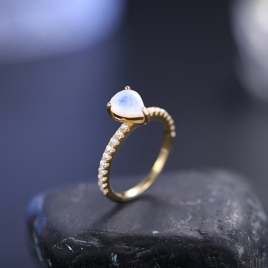 ins Water Drop9/10/14/18k Gold Ring Inlaid with Natural Cream Blue Moonstone Simple Luxury Gold Ring