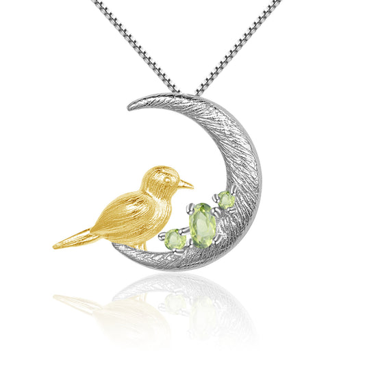 Designer Style Chinese Style Gemstone Pendant Bird and Crescent Design s925Silver Natural Peridot Necklace Pendant