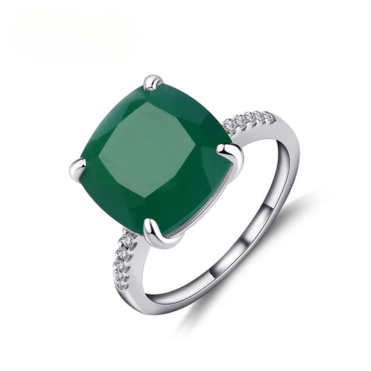 Design Sense Silver Mount Natural Green Agate Ring Unique and Elegant s925Sterling Silver Inlaid Large Gemstone Ring