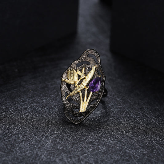Designer Vintage Style Adjustable Ring with Italian Craftsmanship and High-end Feel925Silver Natural Amethyst Ring