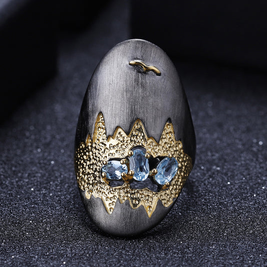 High-end Designer Gemstone Ring Landscape Design Personality s925Silver Inlaid Natural Topaz Ring