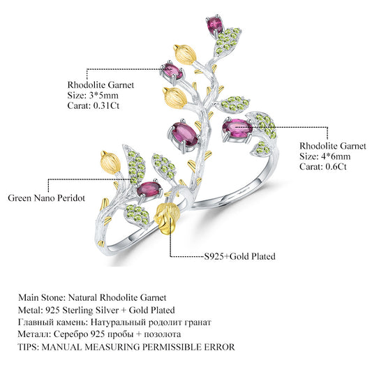Vintage Plant Nature Style Designer Jewelry Adjustable Double Finger Ring s925Silver Natural Colored Gems Ring