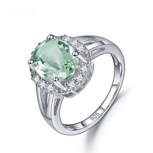 s925Sterling Silver Natural Green Amethyst Ring TikTok Fashionable Elegant Light Luxury Inlaid Natural Gemstone Ring