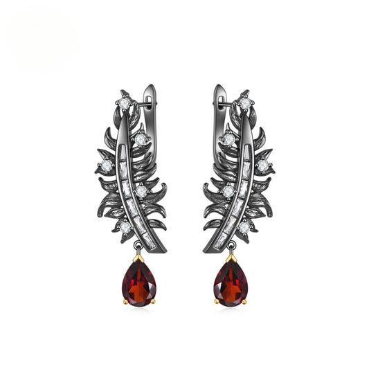 Italian Craft Handmade Designer Feather Natural Gemstone s925Silver Inlaid Garnet Stud Earrings