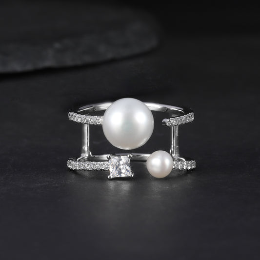 S925Sterling Silver Natural Freshwater Pearl Ring for Women, Adjustable Open Design, Fashionable and Elegant Light Luxury Gemstone Ring