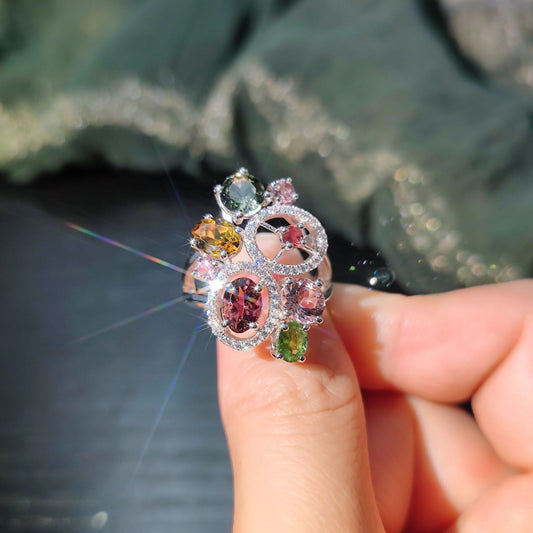 Original Design Colorful Bubble Gemstone Ring Natural Tourmaline Ring s925New Style Pure Silver Ring