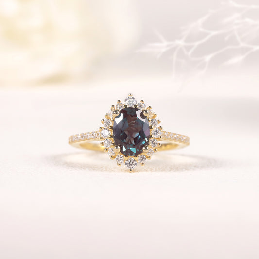 Luxury Sunflower Color-Changing Gemstone Ring s925Silver Inlaid Synthetic Alexandrite Gemstone Ring New Style