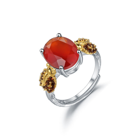Designer Style Personality Red Agate Adjustable Ring Insect Design with a Sense of Sophistication925Silver natural gemstone ring