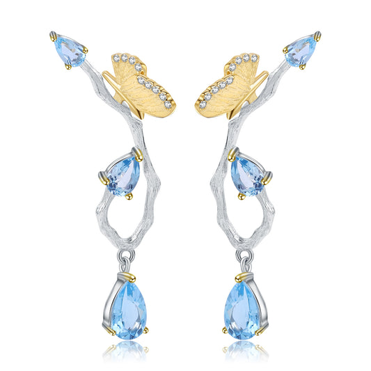 Secret Garden Designer Butterfly Earrings Natural Wind s925Sterling Silver Natural Topaz Earrings