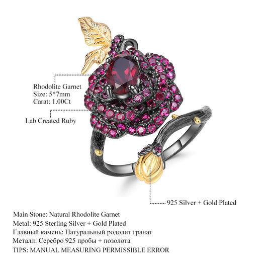 Secret Garden Designer Gemstone Ring Natural Style Rose Design s925Silver Natural Colored Gems Ring