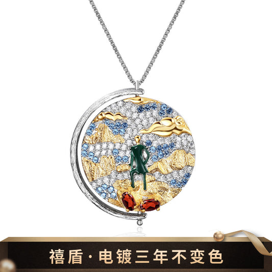 Italian Craft Abstract Pattern Vintage Jewelry Designer Necklace s925Silver Inlaid Gemstone Necklace Pendant