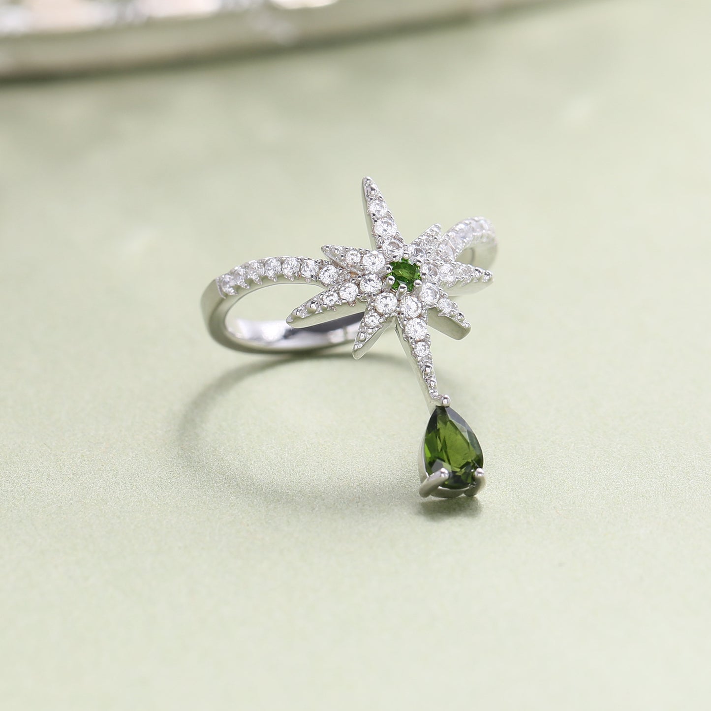 Original Design Star Ring Natural Crystal Topaz Diopside Ring925Sterling Silver Design Sense Ring for Women