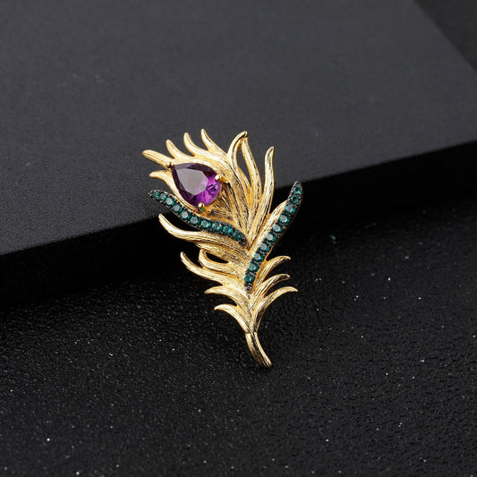 Feathers of the Luo Bird Designer Natural Amethyst Feather Brooch Sophisticated Design s925Sterling Silver Brooch