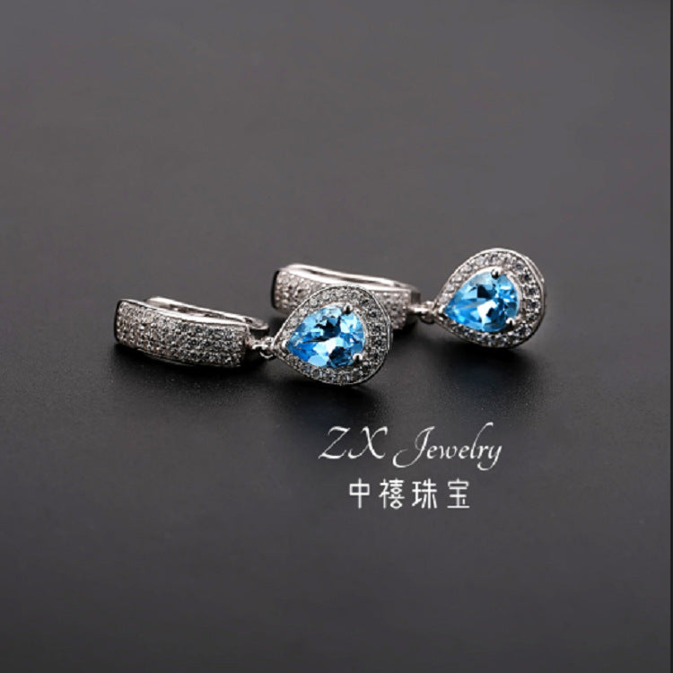 Spot Goods s925Sterling Silver Topaz Stud Earrings Sapphire Jewelry Light Luxury Fashion Natural Gemstone Earrings