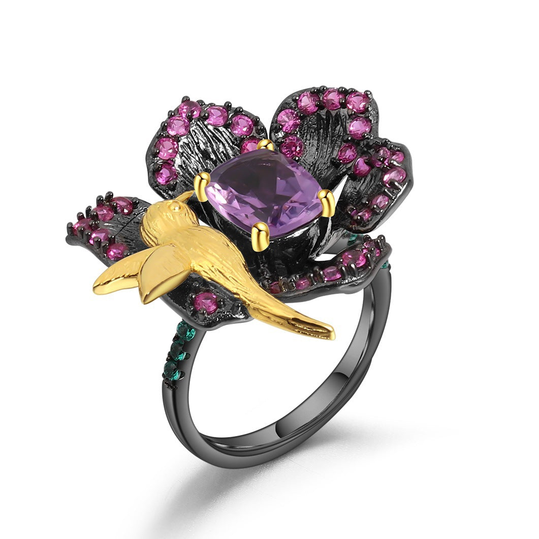 Secret Garden Designer Natural Gemstone Ring with Birds and Flowers Design925Silver Natural Amethyst Ring