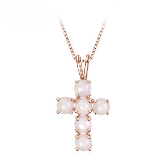 Natural Gemstone African Opal Necklace Pendant Cross s925Silver plating18k Rose Gold Inlaid Gemstone Pendant