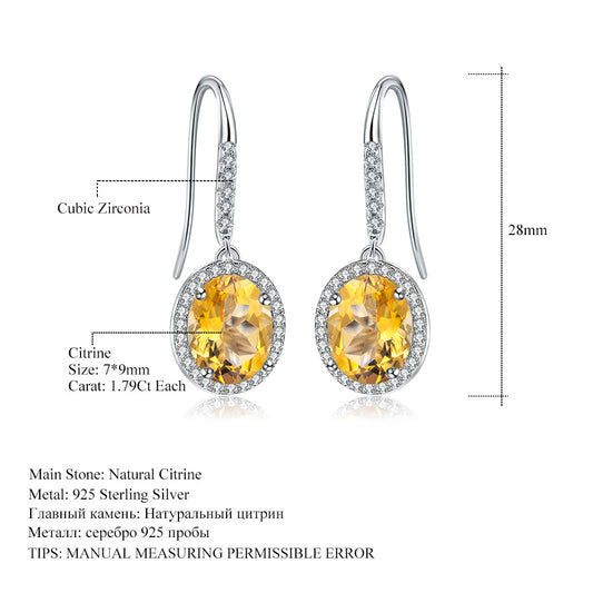 Natural Stone Women's Earrings Jewelry Vintage Personality s925Silver Inlaid Yellow Crystal Earrings Gemstone Drop Earrings