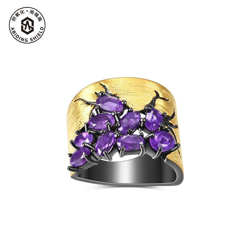 Designer Italian Craft Vintage Style Ring Russia s925Sterling Silver Inlaid Gemstone Natural Amethyst Ring