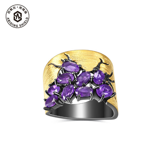 Designer Italian Craft Vintage Style Ring Russia s925Sterling Silver Inlaid Gemstone Natural Amethyst Ring