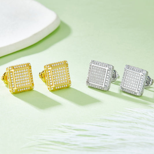 Hip-hop Full Diamond Earrings s925Silver Inlaid Moissanite Stud Earrings for Men and Women Square Shape New Gold Color Earrings