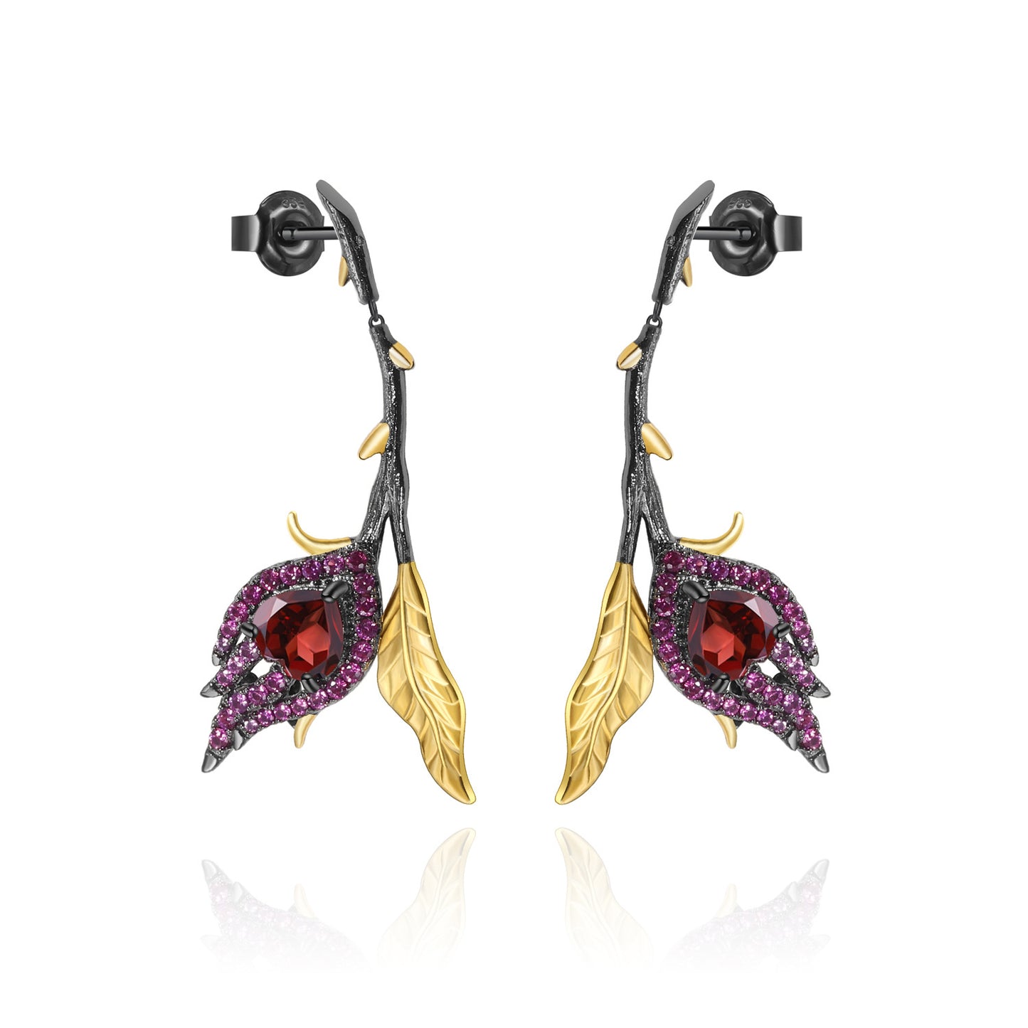 Designer High-End Floral Earrings Natural Style Design s925Silver Natural Garnet Stud Earrings