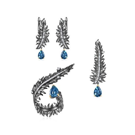 Vintage Feather Jewelry Set s925Sterling Silver Gemstone Earrings Pendant Brooch Natural Topaz Crystal Ring