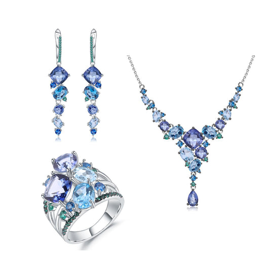 Designer High-End Luxurious Jewelry Set s925Silver Natural Topaz Ring Earrings Pendant