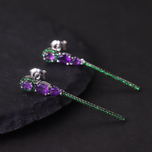 Wind Dragonfly Natural Topaz Earrings s925Sterling Silver Cluster Amethyst Colorful Gemstone Earrings Medium Length
