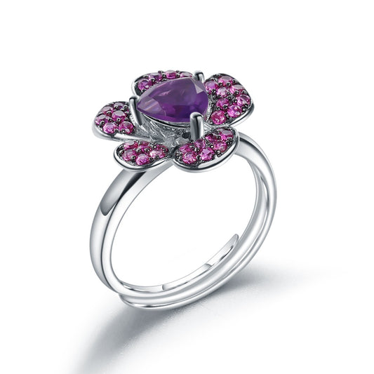 Designer Gemstone Ring Adjustable Flowers Bloom with a Sense of Sophistication s925Silver Natural Amethyst Ring