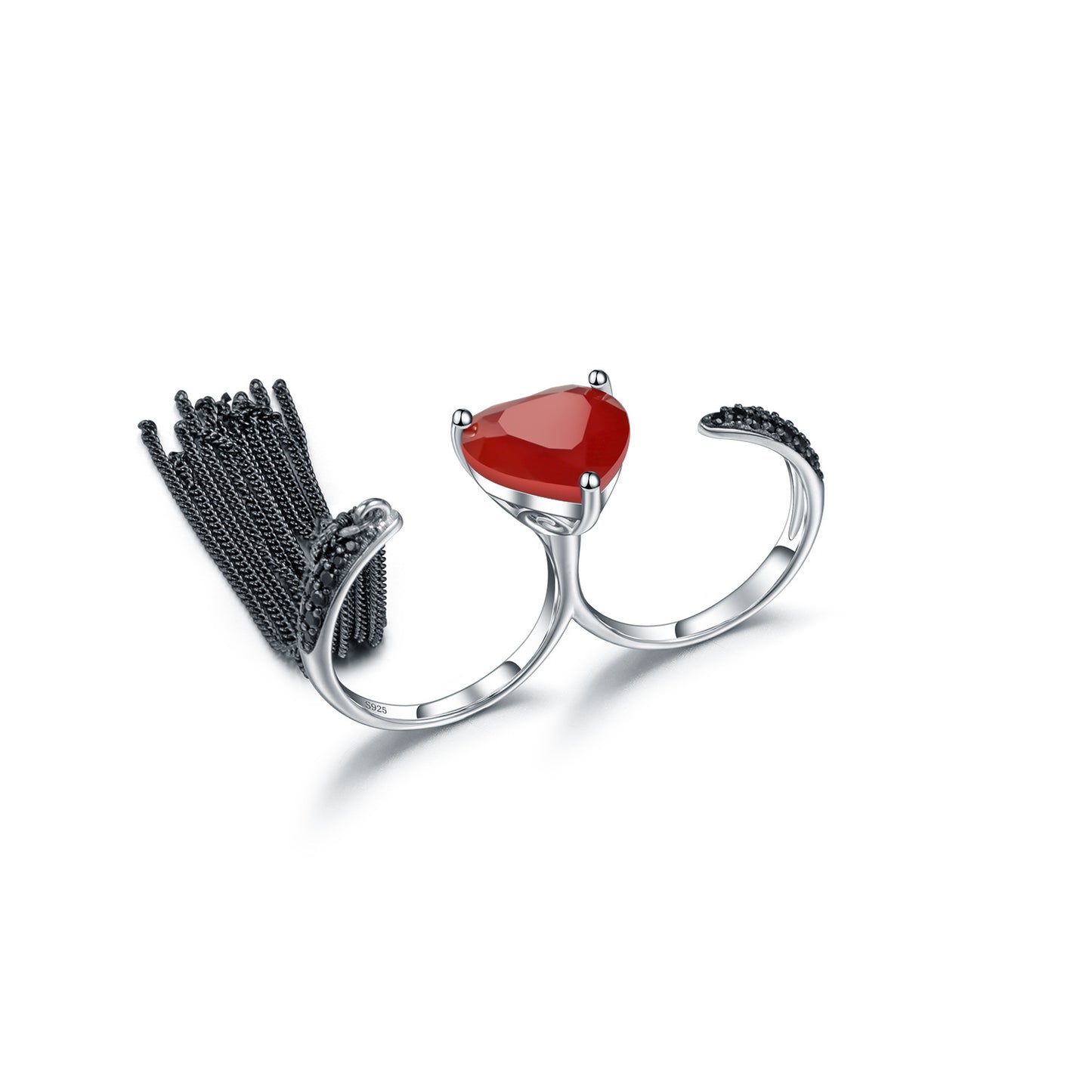 Designer Natural Heart Gemstone Ring with Tassel Design Unique and High-end Design925Silver and Black Onyx Ring