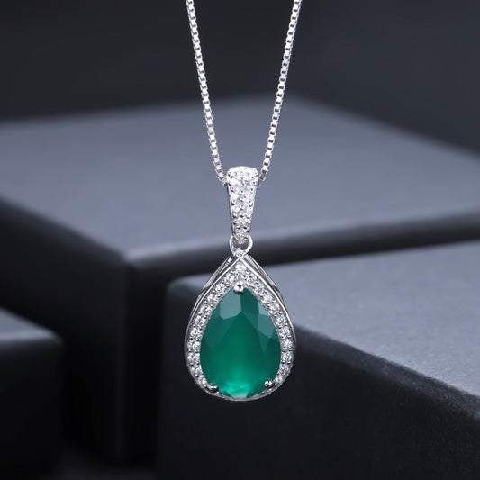 Fashion Natural Gemstone Green Agate Pendant TikTok Kuaishou Direct Supply Gemstone Inlay925Silver Necklace Pendant