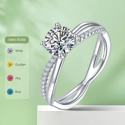 Trendy Moissanite Ring for Women with Double Arms Japanese and Korean Fashion s925Sterling Silver Inlaid1Carat Moissanite Ring