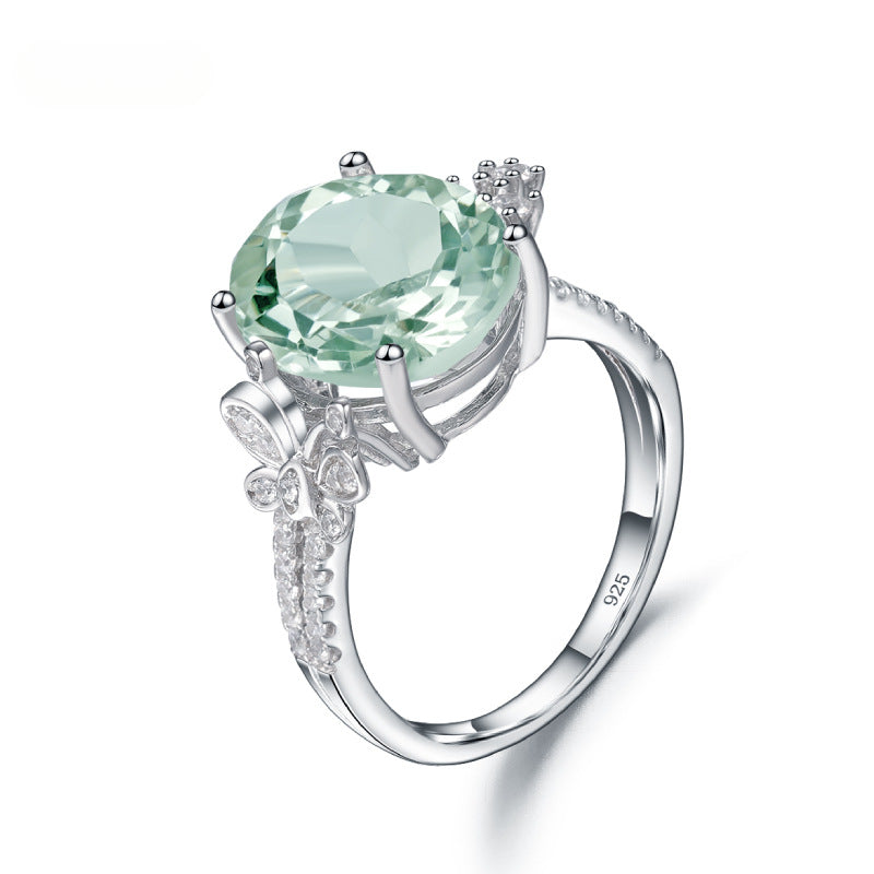 s925Silver Natural Green Amethyst Ring Unique Design Sense Fashion Light Luxury Inlaid Gemstone Natural Color Gemstone Ring