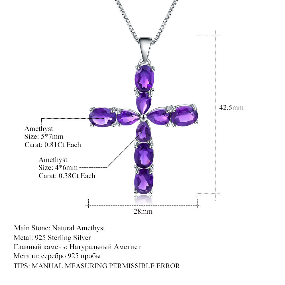 Cross Natural Gemstone Necklace Fashionable and Trendy Personality s925Silver Inlaid Amethyst Necklace Pendant