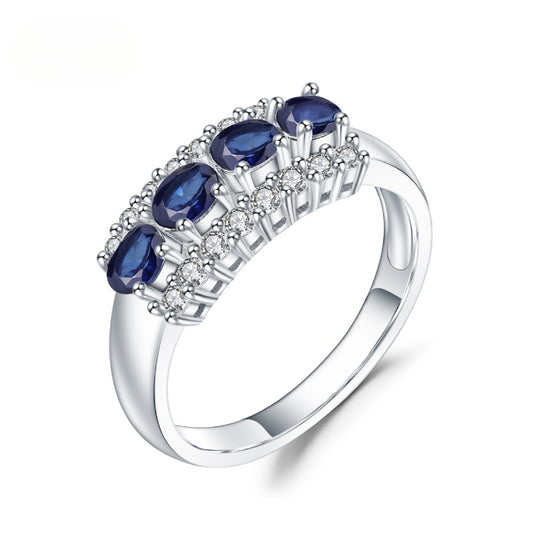 New Luxury High-End Natural Sapphire Ring Fashion Design One-Word Row s925Silver Inlaid Gemstone Ring