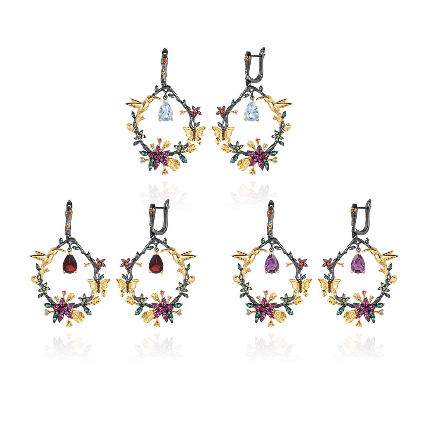 Secret Garden Designer Gemstone Earrings with Birds and Floral Design925Silver Natural Amethyst Earrings Drop Earrings