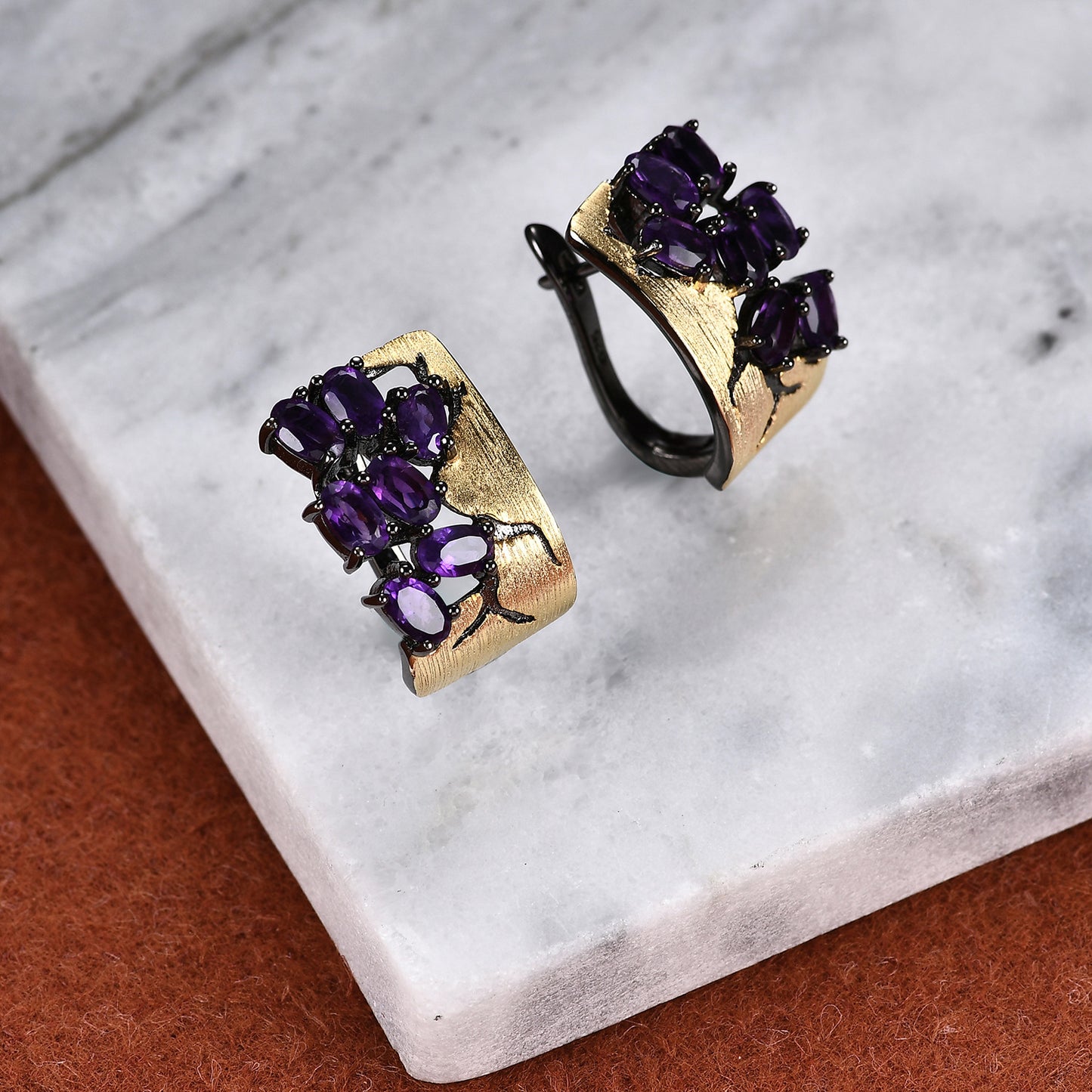 Italian abstract designer jewelry accessories 925Silver Gold Plated Inlaid Gemstone Natural Amethyst Stud Earrings
