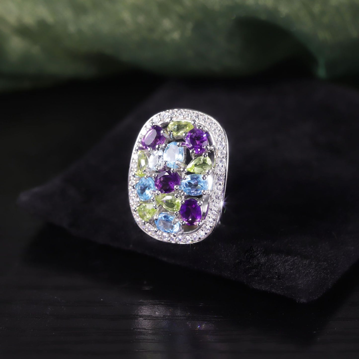Exaggerated Large Ring Luxurious Cluster Inlaid Natural Topaz Ring s925Sterling Silver Rainbow Gemstone Ring