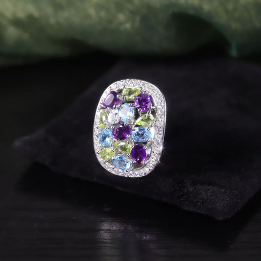 Exaggerated Large Ring Luxurious Cluster Inlaid Natural Topaz Ring s925Sterling Silver Rainbow Gemstone Ring