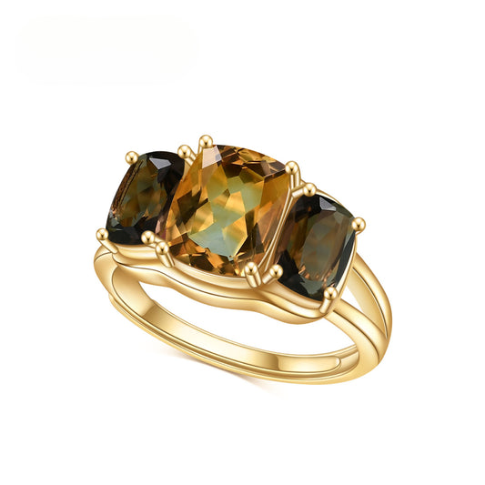 Natural Gemstone Yellow Citrine Tea Crystal Ring Luxurious Design Sense s925Silver plating14k Gold Inlaid Gemstone Ring