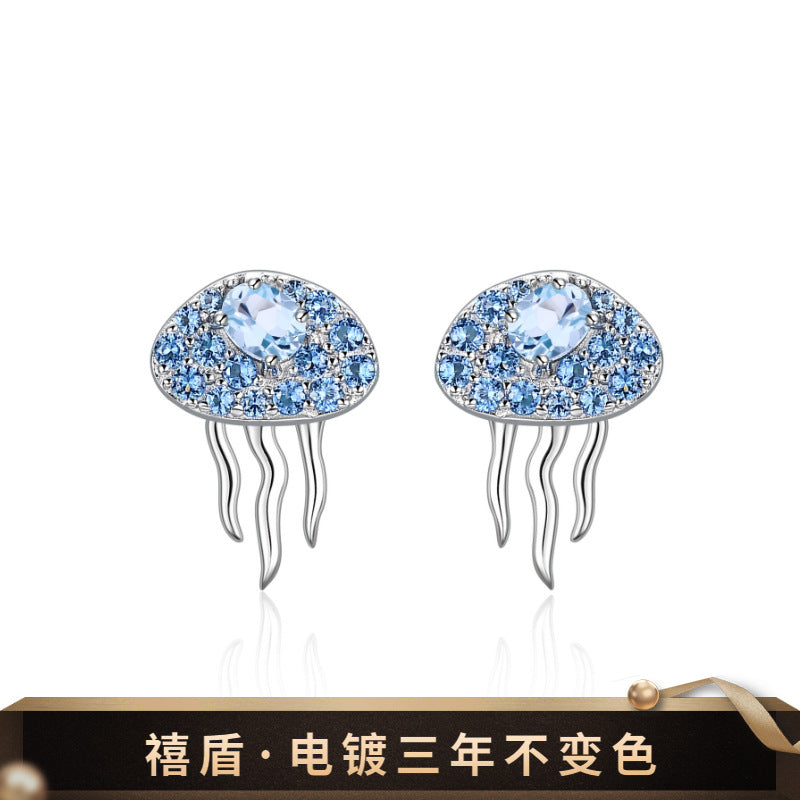 Luxury Designer Jellyfish Shaped Earrings s925Sterling Silver Inlaid Topaz Natural Gemstone Fashion Earrings