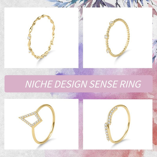 Light luxury design sense s925Silver Inlaid Moissanite Ring Stackable Set Ring Golden Dawn Series Geometric Small Ring