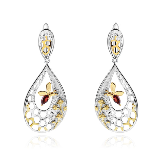 Designer Natural Style Garnet Earrings Beehive Design s925Silver Natural Gemstone Earrings Studs Drop Earrings