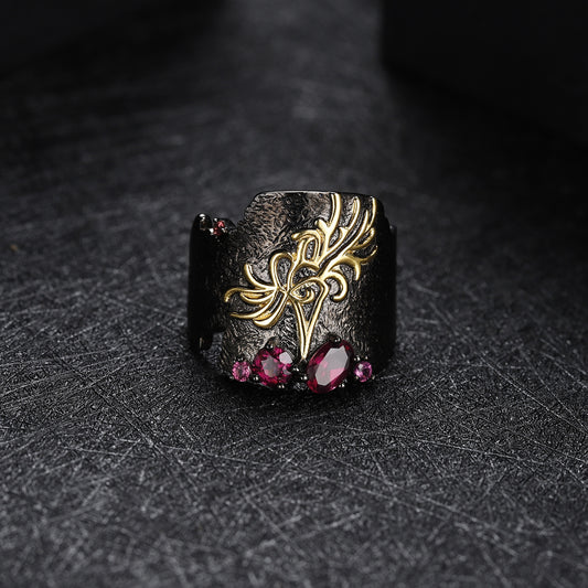 Designer High-End Adjustable Ring s925Silver Inlaid Natural Gemstone Personality Dark Retro Style Ring