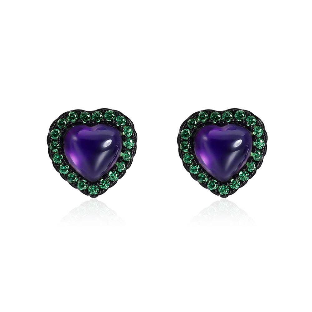 Luxury Personality Natural Amethyst Heart Earrings High-Grade Temperament s925Silver Inlaid Natural Gemstone Stud Earrings