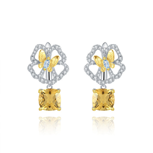 Designer Natural Topaz Earrings Natural Style Butterfly Flower Design s925Silver Gemstone Earrings