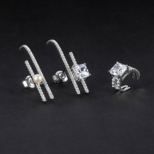 Fashionable Light Luxury Earring Three-Piece Set S925Silver Inlaid Natural Freshwater Pearl Set5A Zircon Earrings Ear Clips