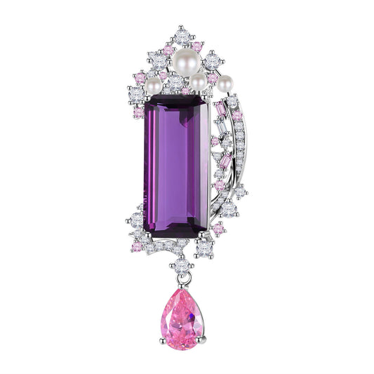 Russian Luxurious High-End Jewelry Brooch Pendant Dual-Use Natural Purple Pink Crystal Necklace Large Gemstone Pearl Brooch