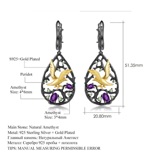 Bird's Paradise Original Design Earrings S925Sterling Silver Inlaid Natural Topaz Garnet Earrings Black